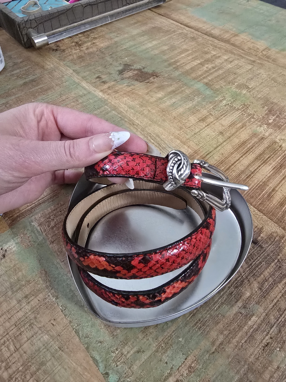 Brighton Red Snakeskin Leather Belt Silver Buckle C6712 Size M 30